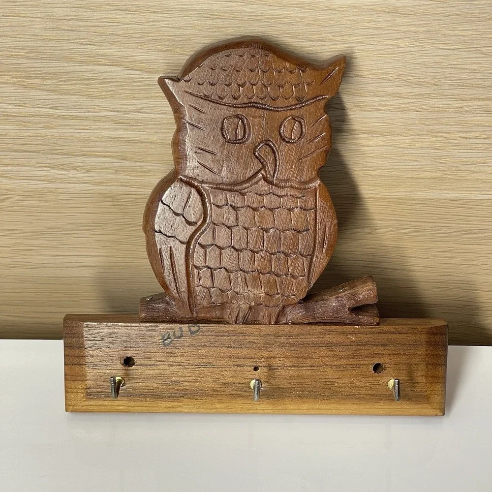 Vintage Wooden Owl Key Holder Wall Mount Hand Carved Mid Century Boho 3 Hooks